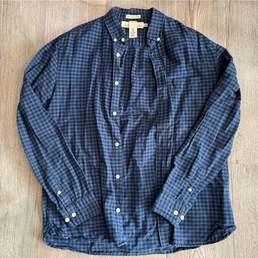 H&M Men’s Medium Navy and Black Checkered Shirt - Great Quality Fabric